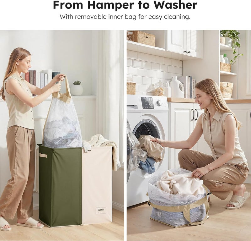 SOLEDI 145L Laundry Basket, Laundry Hamper, 2 Compartments with Lid and 2 Laundry Bags, Laundry Sorter Large XXXL for Bathroom, Bedroom, Laundry Room, Children's Room, 2 x 72.5 L, Green + Beige - Image 5