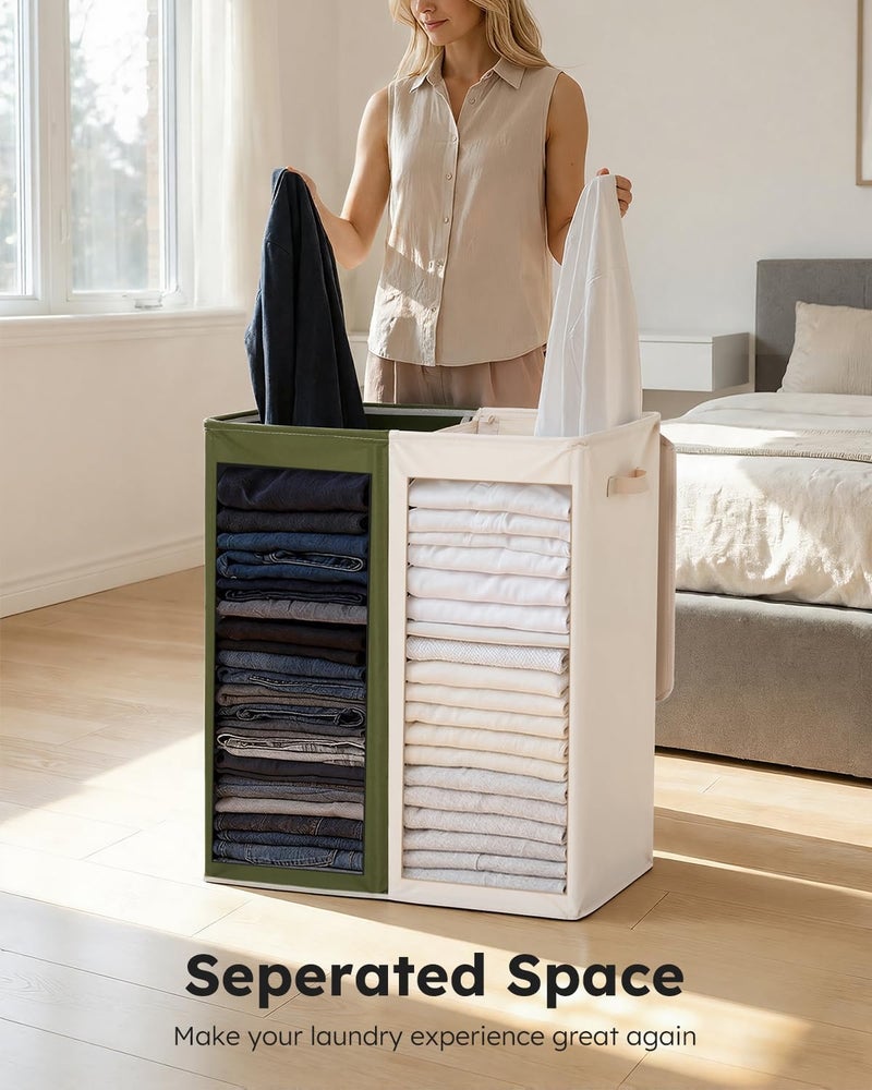 SOLEDI 145L Laundry Basket, Laundry Hamper, 2 Compartments with Lid and 2 Laundry Bags, Laundry Sorter Large XXXL for Bathroom, Bedroom, Laundry Room, Children's Room, 2 x 72.5 L, Green + Beige - Image 3