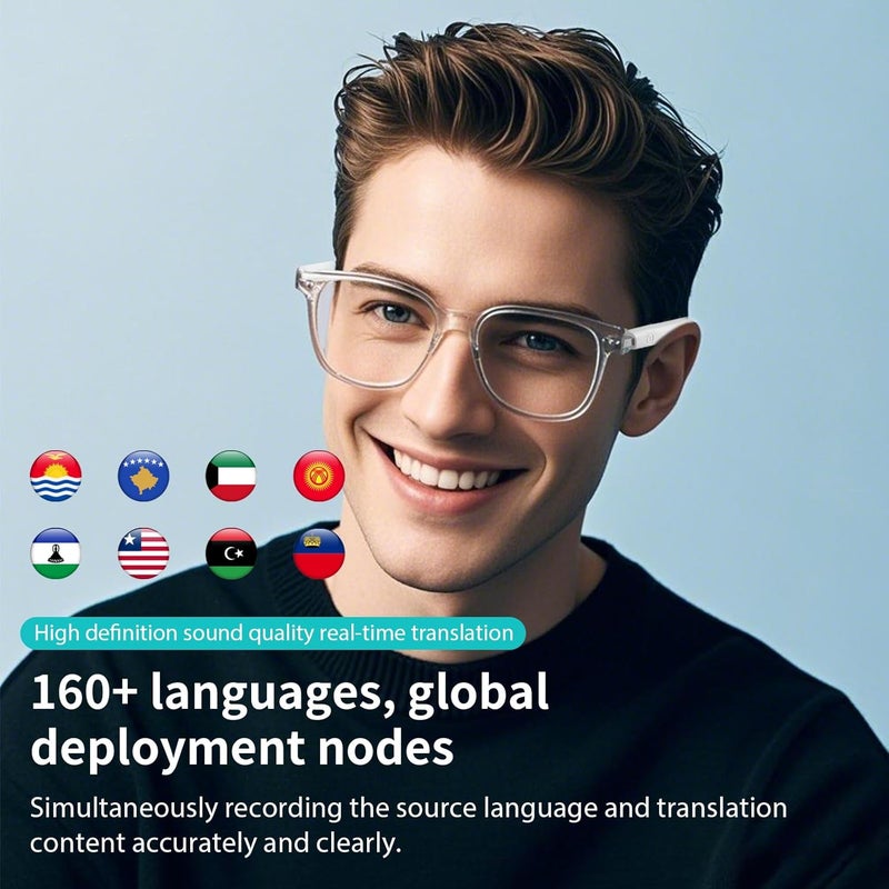Tulbeys نظارات ذكية بلوتوث للنساء، نظارات ترجمة ذكاء اصطناعي تدعم أكثر من 160 لغة، ميكروفون ومكبرات صوت مدمجة، عدسات متغيرة اللون بإطار شفاف مع حماية من الأشعة فوق البنفسجية المستقطبة للسفر والأعمال - أزرق - Image 3