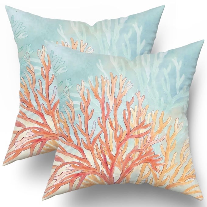 COASTAL CORAL THROW PILLOW COVERS 18X18 INCHES SET OF 2 BEACH OCEAN SEASHELL THEMED PILLOW CUSHION CASES FARMHOUSE DECORATION SQUARE PILLOWCASES FOR SOFA COUCH BEDROOM LIVING ROOM CAR
