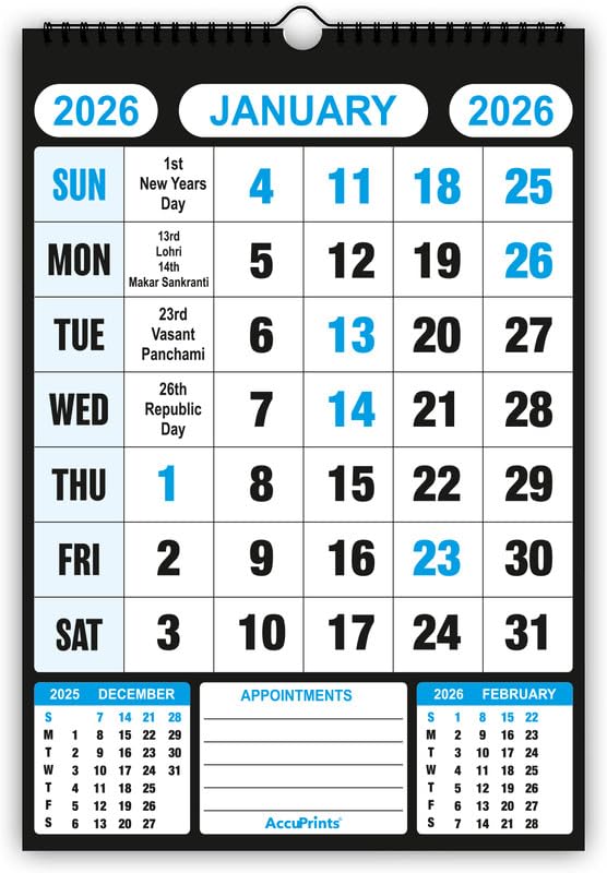 AccuPrints® Wall Calendar 2026 Planner-Size (14 x 20) inch For Office Home Table New Year Hanging Kids (35.5 x 50) cm- (14 x 20 Blue) - Image 5