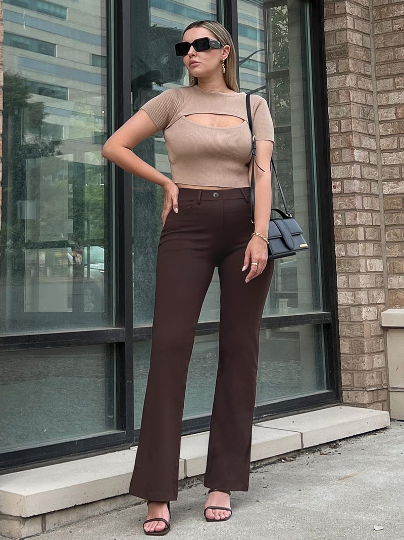 Tapata Women's 28''/30''/32''/34'' Stretchy Bootcut Dress Pants with Pockets Tall, Petite, Regular for Office Work Business 30", Brown, L - Image 3