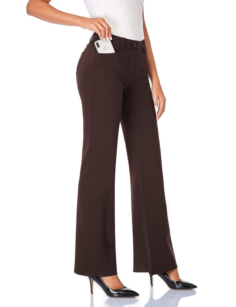 Tapata Women's 28''/30''/32''/34'' Stretchy Bootcut Dress Pants with Pockets Tall, Petite, Regular for Office Work Business 30", Brown, L - Image 1