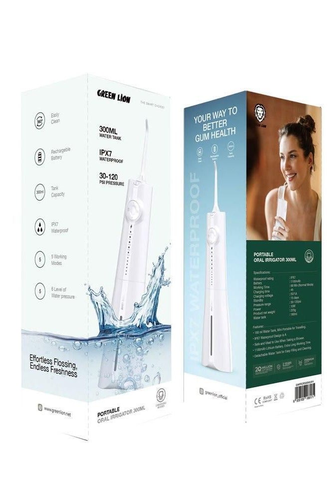 Green Lion Portable Oral Irrigator 300ML, IPX7 Waterproof Rating, 1100mAh Battery, 88mins Working time (Normal Mode), 5 Working Modes, 180ml Water Tank, 15 Days Standby, 10W Power - White - Image 2