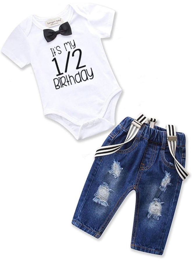 Pinleck Pinleck Toddler Baby Boy Clothes Set Bowtie Romper Suspenders Ripped Denim Pants Outfits  - Image 1