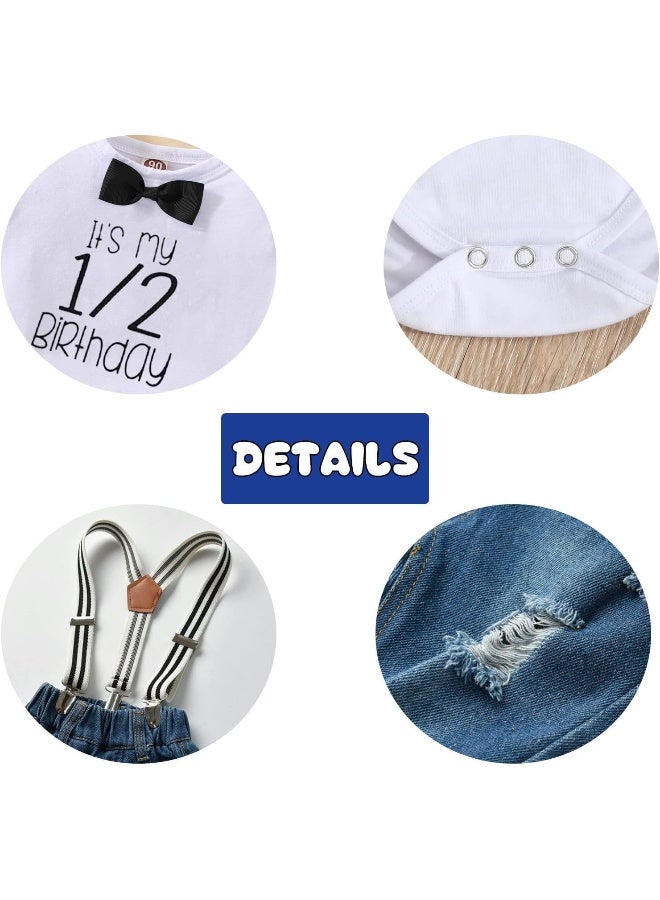Pinleck Pinleck Toddler Baby Boy Clothes Set Bowtie Romper Suspenders Ripped Denim Pants Outfits  - Image 5