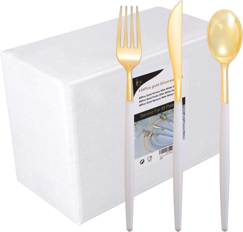 I00000 144Pcs Gold Plastic Silverware Gold Plastic Utensils SetDisposable Utensils Heavy DutyDisposable Silverware Set Includes 48 Forks48 Knives48 Spoons for Party  Wedding