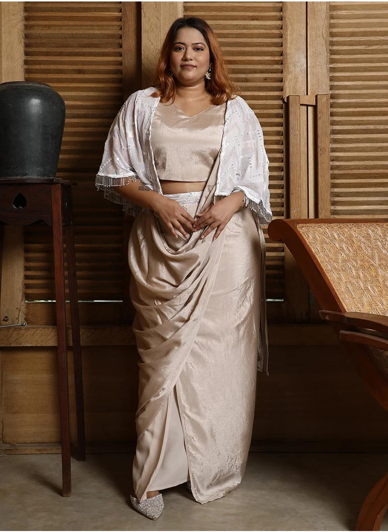انستافاب بلس Women's French Beige Bijou Cape Pre-Draped Saree