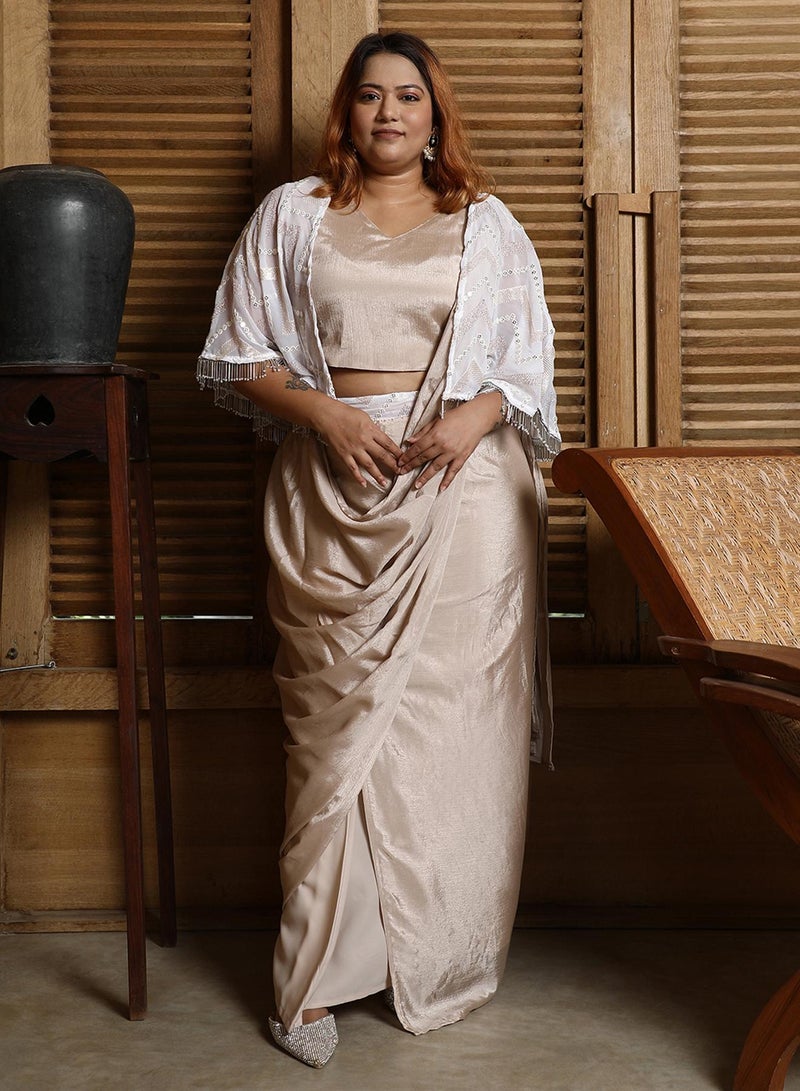 Instafab Plus Women's French Beige Bijou Cape Pre-Draped Saree  - Image 1