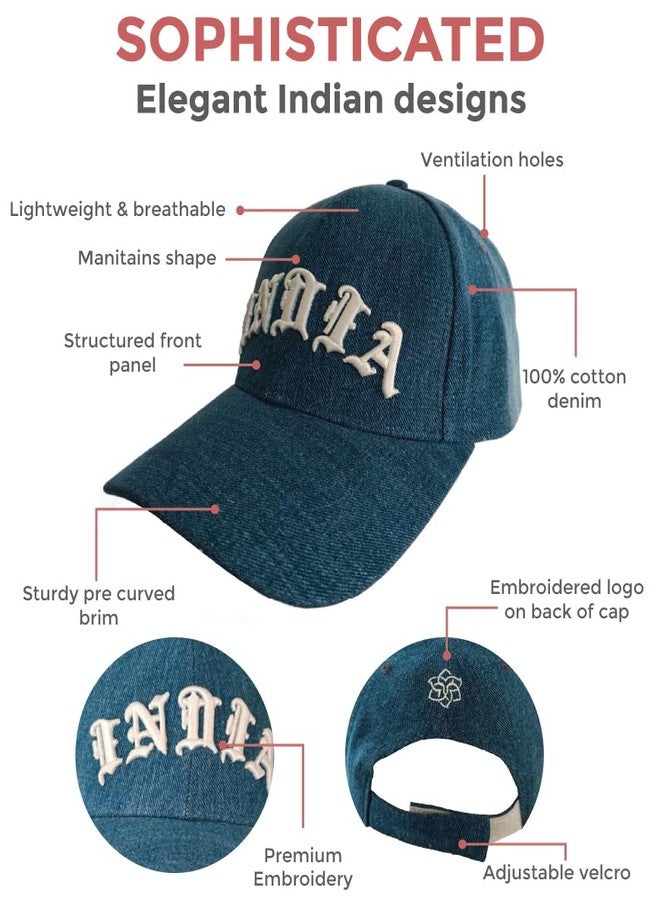 MaatirDesigns Blue Denim Premium Baseball Cap with White 3D India Embroidery | Unisex Adjustable Casual Cap for Men & Women | Stylish Pre-Curved Brim Cap | Durable Denim | Fashion Gift - Image 5