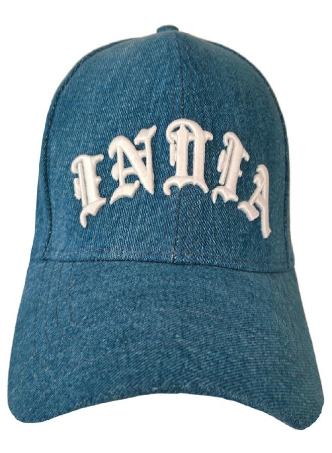 MaatirDesigns Blue Denim Premium Baseball Cap with White 3D India Embroidery | Unisex Adjustable Casual Cap for Men & Women | Stylish Pre-Curved Brim Cap | Durable Denim | Fashion Gift - Image 1