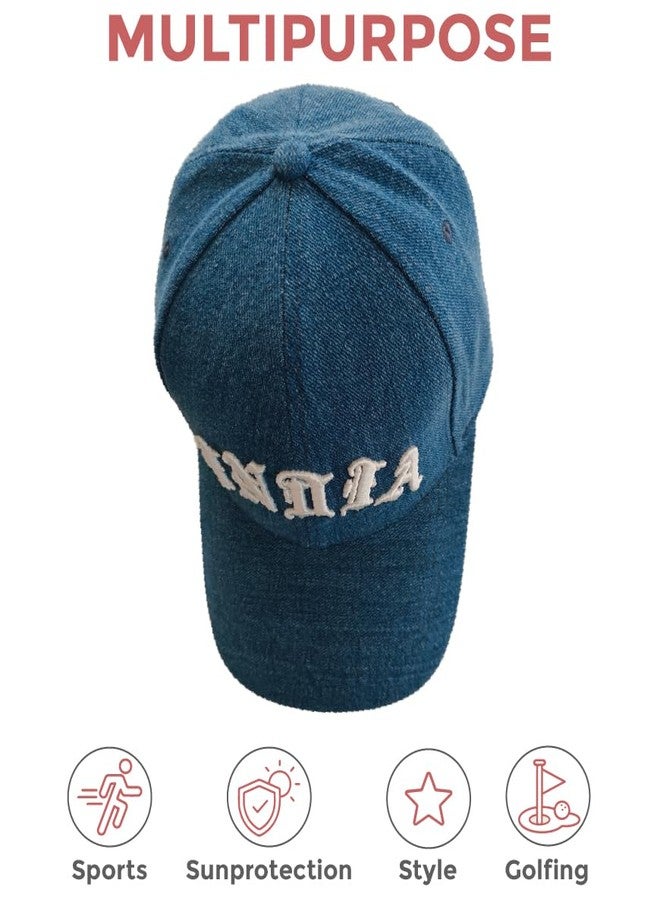 MaatirDesigns Blue Denim Premium Baseball Cap with White 3D India Embroidery | Unisex Adjustable Casual Cap for Men & Women | Stylish Pre-Curved Brim Cap | Durable Denim | Fashion Gift - Image 4