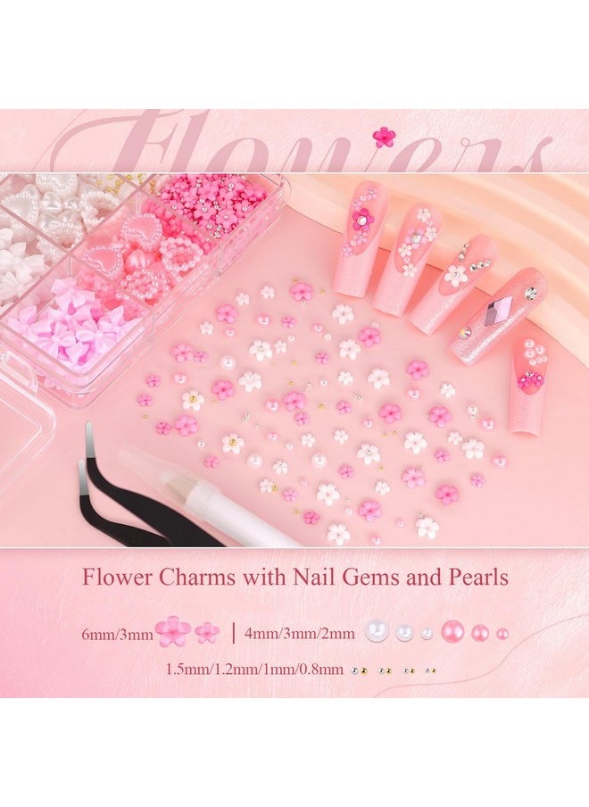 BELLEBOOST Chunky Nail Charms And Gems Set 1, Girly Coquette Nail Charms + Assorted Pearl Bows Heart Star Moon + Cute 3D Flowers For Nails + Pink & White Flatback Pearls With Pickup Tool For Kawaii Nail Design  - Image 2
