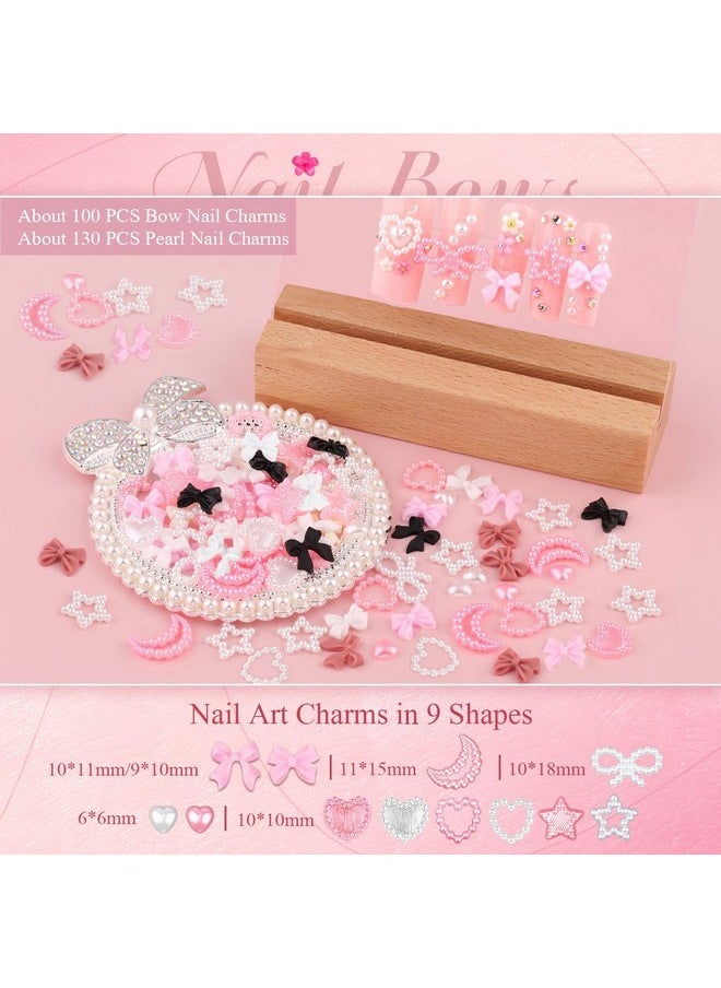 BELLEBOOST Chunky Nail Charms And Gems Set 1, Girly Coquette Nail Charms + Assorted Pearl Bows Heart Star Moon + Cute 3D Flowers For Nails + Pink & White Flatback Pearls With Pickup Tool For Kawaii Nail Design  - Image 3