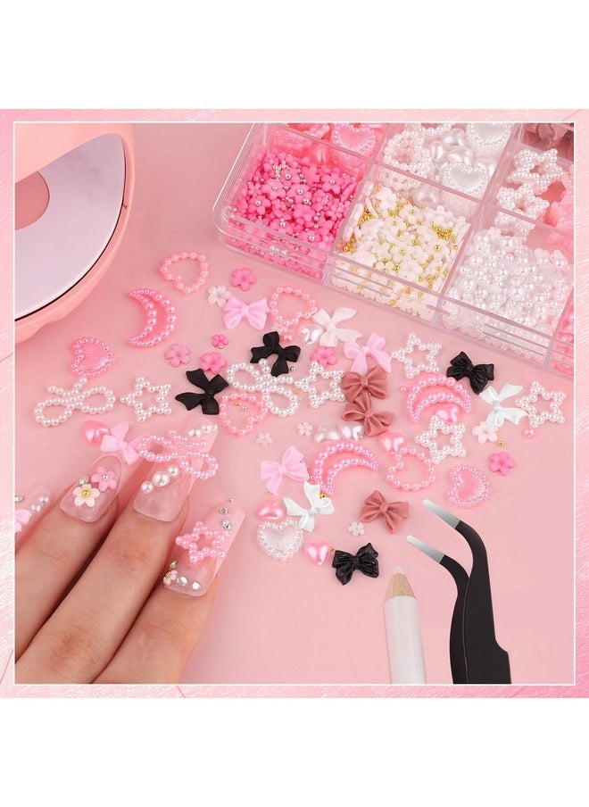 BELLEBOOST Chunky Nail Charms And Gems Set 1, Girly Coquette Nail Charms + Assorted Pearl Bows Heart Star Moon + Cute 3D Flowers For Nails + Pink & White Flatback Pearls With Pickup Tool For Kawaii Nail Design  - Image 4
