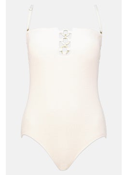 Women Padded Textured One Piece, Ivory