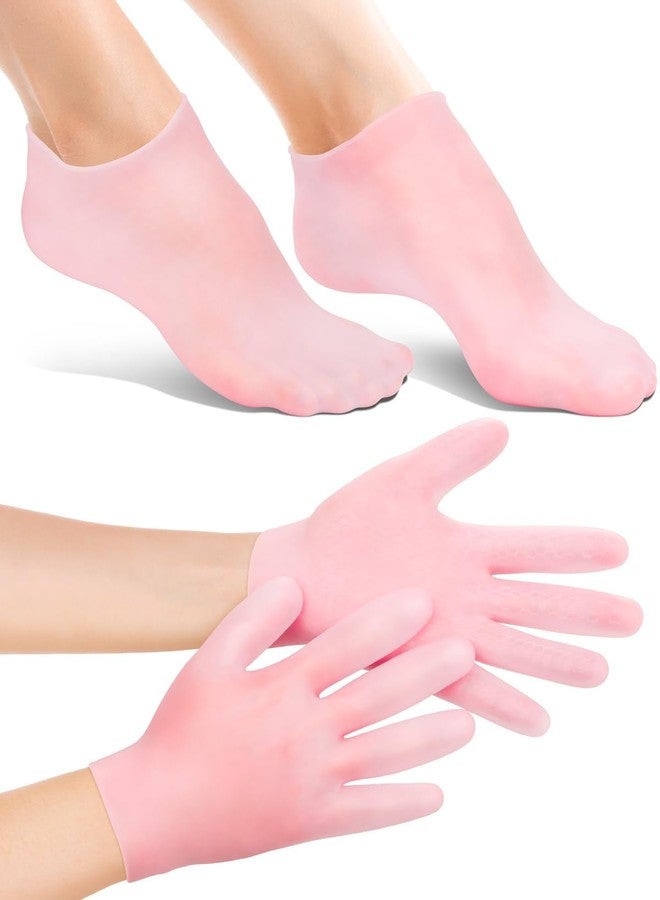 BLATOWN 2 Pairs Silicone Moisturizing Glove Socks Set, Anti Slip Soft Spa Gel Socks Softening Feet Dry Cracked Skin, Women Spa Pedicure Socks for Foot Hand Softening, Foot Care After Pedicure (Pink) - Image 1