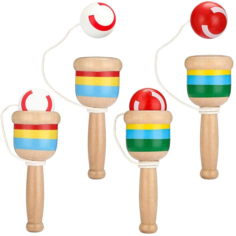 4 Pieces Wood Catch Ball Cup and Ball Game Cup Catch Ball Toys Mini Wooden Catch Ball Hand Eye Coordination Educational Toys White and Red