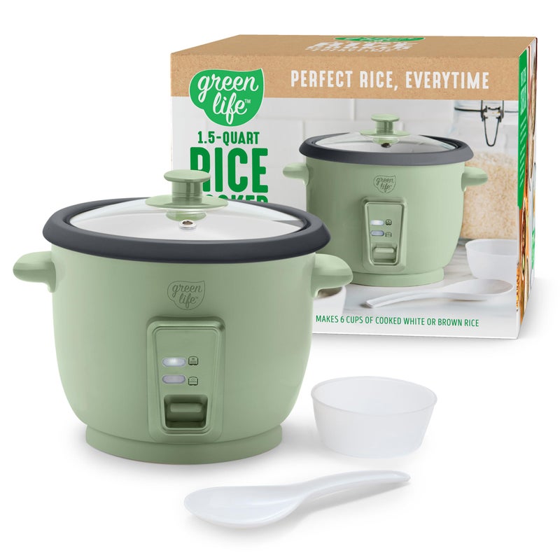GreenLife Rice Cooker with Removable PFASFree Ceramic Nonstick Pot 3Cups Uncooked6Cups Cooked Grains Oatmeal Multicooker Compact OneSwitch Design Auto Keep Warm Easy Clean Sage Green - Image 2