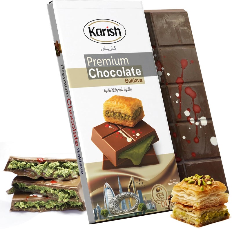 Karish Viral Kunafa Dubai Chocolate Dubai choco Baklava With Creamy Pistachio filling Freshly Made With Real Chocolate 42%, Fresh Kunafa (190 gram) (Full Size, Baklava) - Image 1