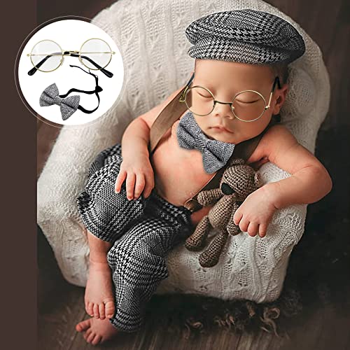 SPOKKI 4 Pcs Newborn Baby Photo Props, Lattice Rompers Suspender Pants with Beret Glasses Bow Tie for Infant Boys' Costumes, Newborn Boy Photography Outfit Set (Grey) - Image 2