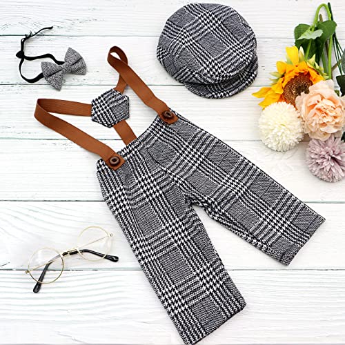 SPOKKI 4 Pcs Newborn Baby Photo Props, Lattice Rompers Suspender Pants with Beret Glasses Bow Tie for Infant Boys' Costumes, Newborn Boy Photography Outfit Set (Grey) - Image 4