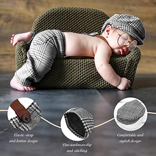 SPOKKI 4 Pcs Newborn Baby Photo Props, Lattice Rompers Suspender Pants with Beret Glasses Bow Tie for Infant Boys' Costumes, Newborn Boy Photography Outfit Set (Grey) - Image 5