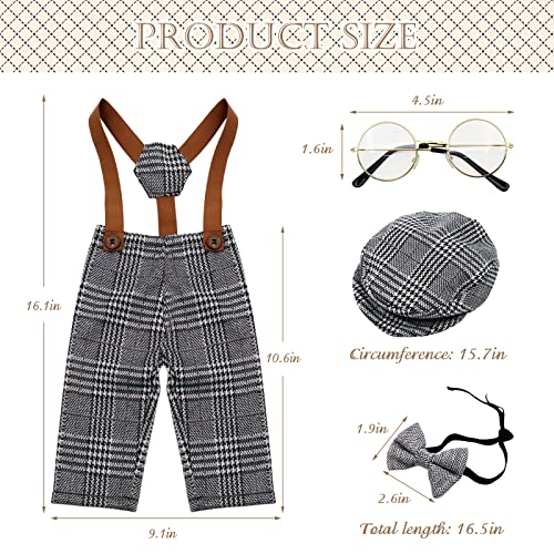 SPOKKI 4 Pcs Newborn Baby Photo Props, Lattice Rompers Suspender Pants with Beret Glasses Bow Tie for Infant Boys' Costumes, Newborn Boy Photography Outfit Set (Grey) - Image 3