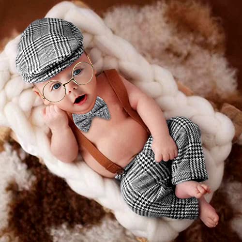 SPOKKI 4 Pcs Newborn Baby Photo Props, Lattice Rompers Suspender Pants with Beret Glasses Bow Tie for Infant Boys' Costumes, Newborn Boy Photography Outfit Set (Grey) - Image 1