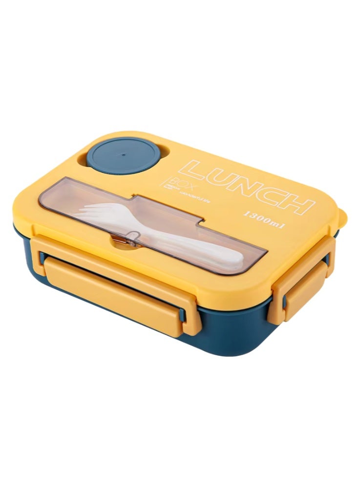 Lunch Box, 4-Compartment Bento Lunch Box, with Utensils u0026 Sauce Cup, 1300ML Leakproof Food Container, Microwave u0026 Dishwasher Safe, Ideal for Office, School, Picnic (Yellow) - Image 1