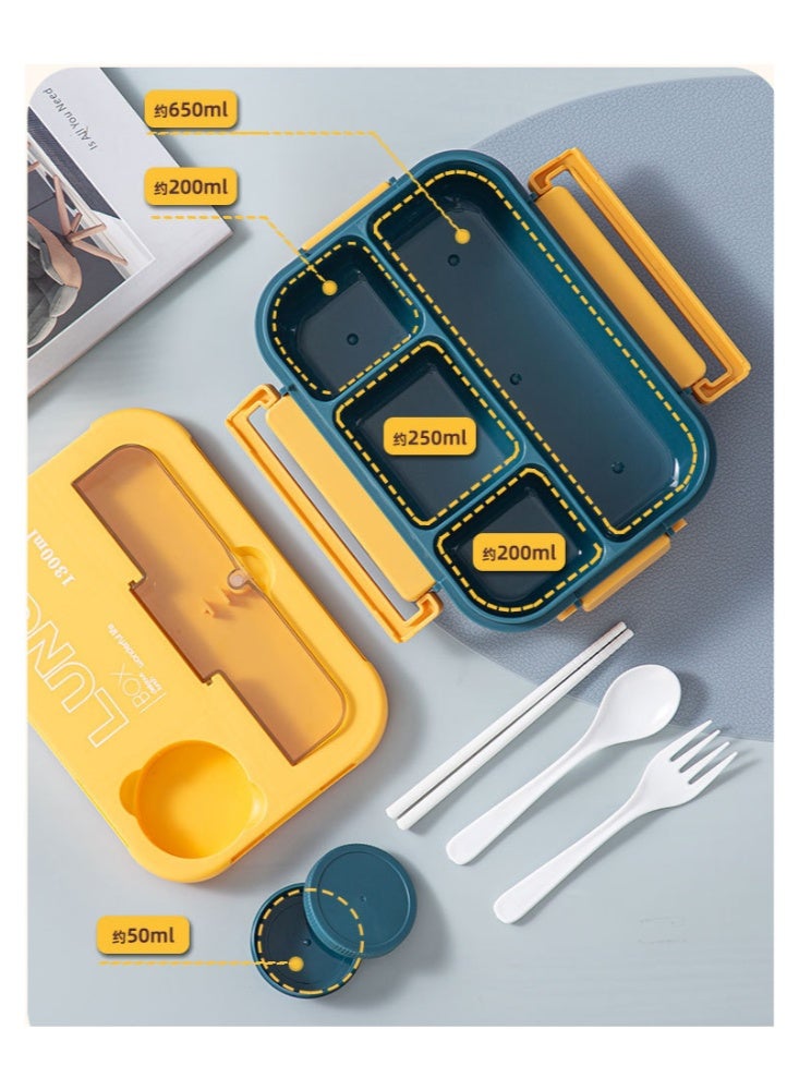 Lunch Box, 4-Compartment Bento Lunch Box, with Utensils u0026 Sauce Cup, 1300ML Leakproof Food Container, Microwave u0026 Dishwasher Safe, Ideal for Office, School, Picnic (Yellow) - Image 5