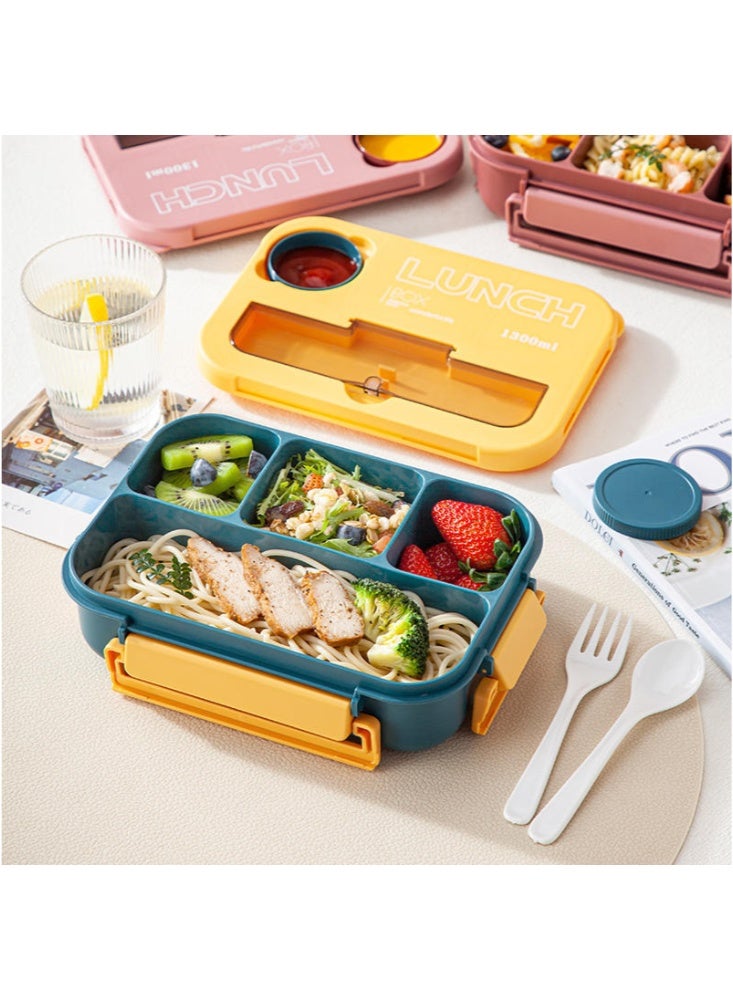 Lunch Box, 4-Compartment Bento Lunch Box, with Utensils u0026 Sauce Cup, 1300ML Leakproof Food Container, Microwave u0026 Dishwasher Safe, Ideal for Office, School, Picnic (Yellow) - Image 3