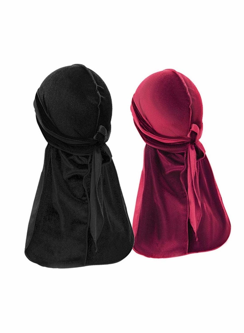 Y&D Velvet Durag Men Women Unisex, Soft Headwraps with Extra Long Tail and Wide Straps Perfect for 360 Waves Pirate Cap Bandana Turban Hat, 2 Pieces - Image 1