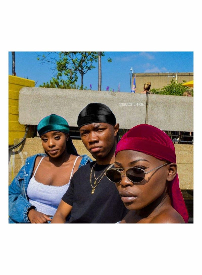 Y&D Velvet Durag Men Women Unisex, Soft Headwraps with Extra Long Tail and Wide Straps Perfect for 360 Waves Pirate Cap Bandana Turban Hat, 2 Pieces - Image 4