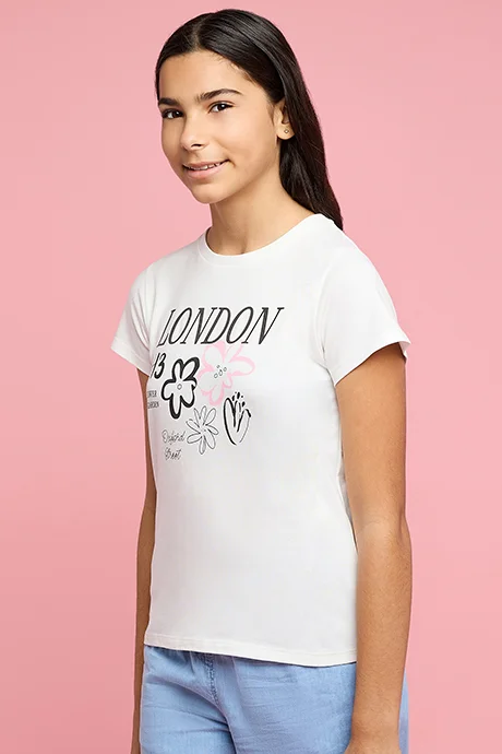 أر أند بي Typography Print T-Shirt with Crew Neck and Short Sleeves
