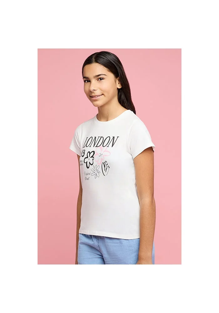 أر أند بي Typography Print T-Shirt with Crew Neck and Short Sleeves
