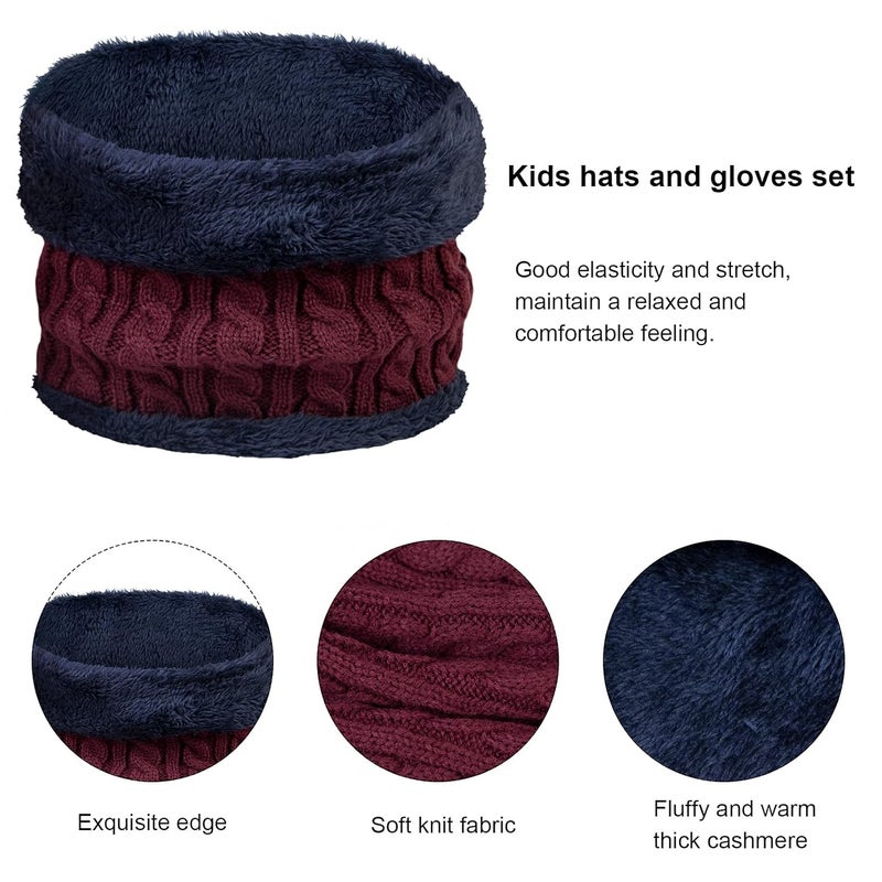 YSense 3 Pcs Boys Girls Winter Beanie Hat Scarf Gloves Set Thick Knitted Warm Toddler Winter Hat Mittens Neck Warmer for Kids, Wine Red, Large - Image 3