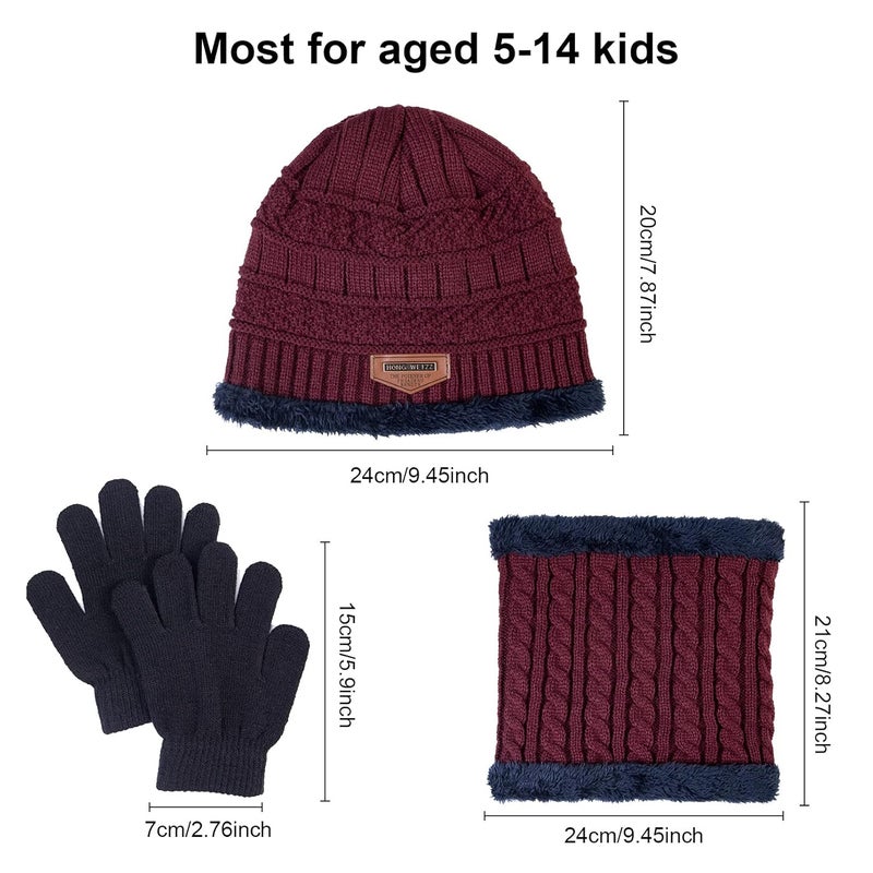 YSense 3 Pcs Boys Girls Winter Beanie Hat Scarf Gloves Set Thick Knitted Warm Toddler Winter Hat Mittens Neck Warmer for Kids, Wine Red, Large - Image 5