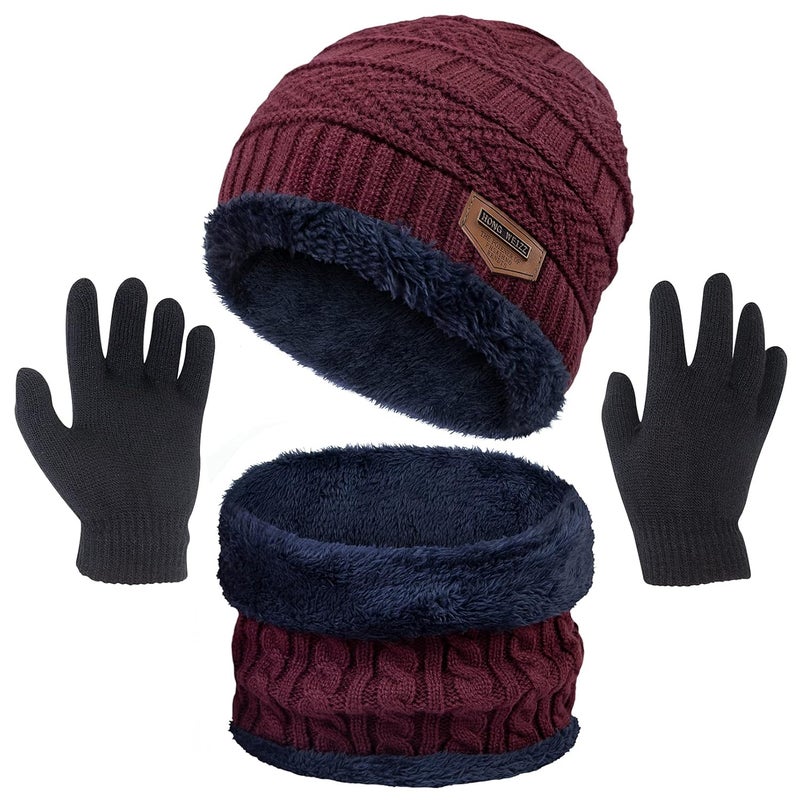 YSense 3 Pcs Boys Girls Winter Beanie Hat Scarf Gloves Set Thick Knitted Warm Toddler Winter Hat Mittens Neck Warmer for Kids, Wine Red, Large - Image 1