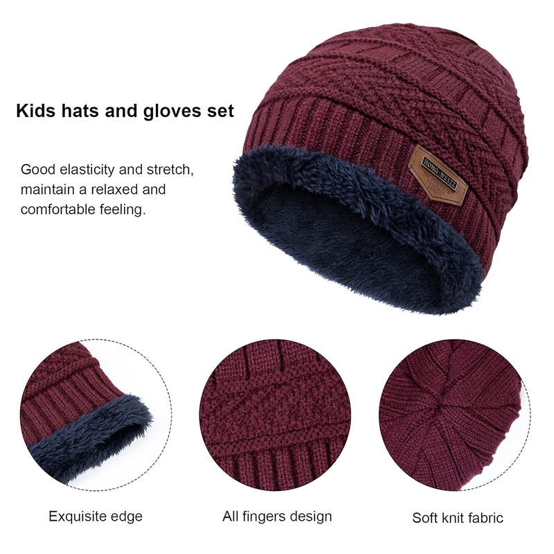 YSense 3 Pcs Boys Girls Winter Beanie Hat Scarf Gloves Set Thick Knitted Warm Toddler Winter Hat Mittens Neck Warmer for Kids, Wine Red, Large - Image 2