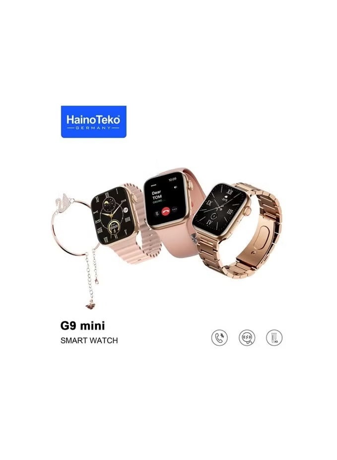 هينو تيكو ساعة ذكية هاينو تيكو جي 9 ميني مع 3 اسوارة (1 معدن + 2 سيليكون) وسوار مزودة بشاشة عالية الجودة وميكروفون مدمج ومكبر صوت تدعم إجراء المكالمات تصميم أنيق للغاية - Image 1