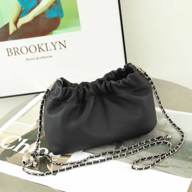 Cloud Bucket Bag Chain Underarm Bag Genuine Leather Womens Bag Fashionable Small Golden Ball Folded Bag Casual All-match Fortune Bag Small Bag Black 