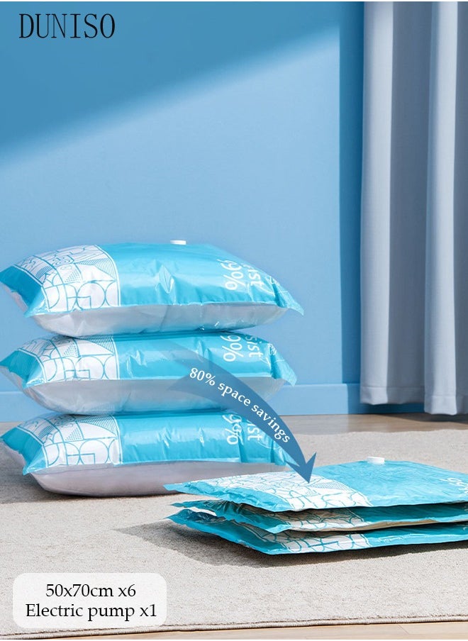 Vacuum sealed storage bag with electric pump, 6 bags (50 * 70cm) space saving travel vacuum compression bag, reusable, compressible bedding, clothes, curtains, blankets