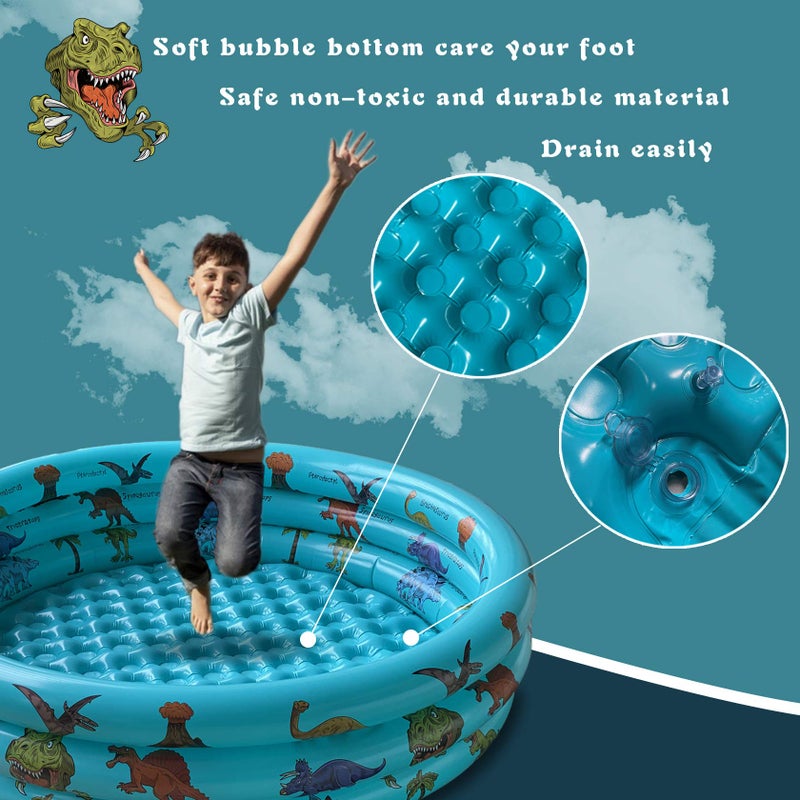 10Leccion Dinosaur Inflatable Baby Pool - Small Toddler Blow Up 3 Rings Round Pad Pool, Outdoor/Indoor Play Center with Ball Pit & Toys - 48'x12' - Image 2