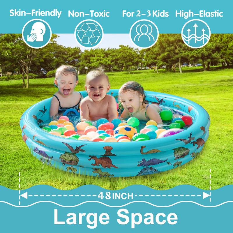 10Leccion Dinosaur Inflatable Baby Pool - Small Toddler Blow Up 3 Rings Round Pad Pool, Outdoor/Indoor Play Center with Ball Pit & Toys - 48'x12' - Image 3