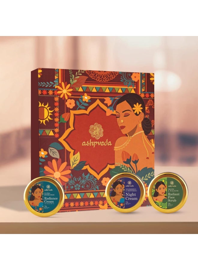 Ashpveda AM PM Plus Gift Box | Ultra Hydration & Radiance Face Care Kit – radiance cream12g, Night Cream12g & Fruit-Walnut Scrub12g – Travel Size Pack - Image 1