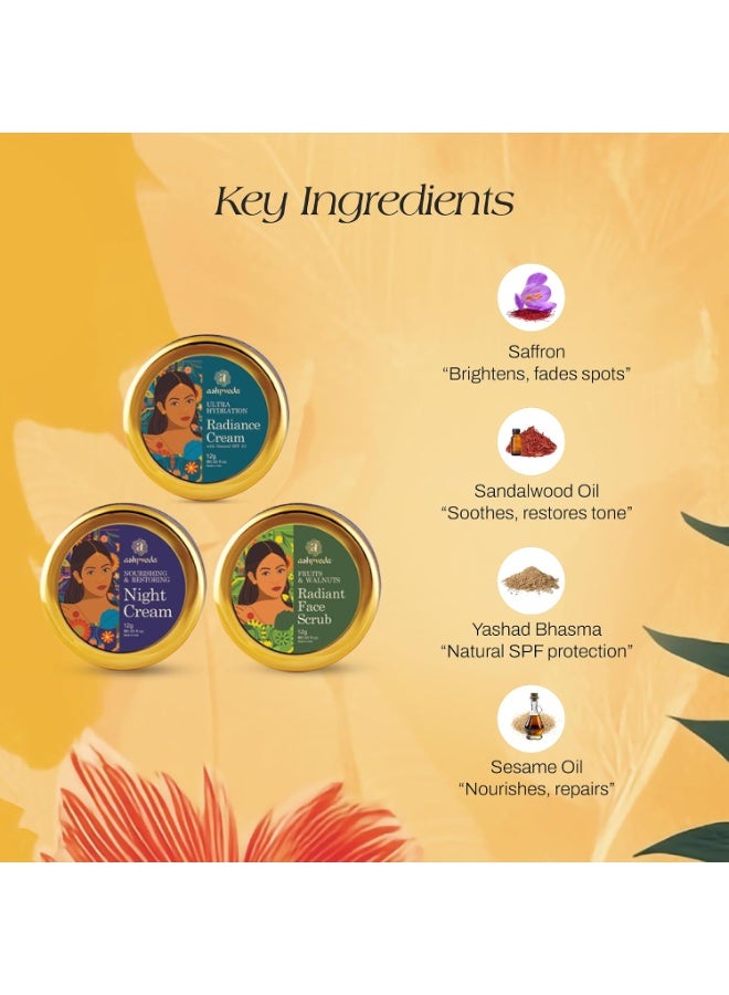 Ashpveda AM PM Plus Gift Box | Ultra Hydration & Radiance Face Care Kit – radiance cream12g, Night Cream12g & Fruit-Walnut Scrub12g – Travel Size Pack - Image 3