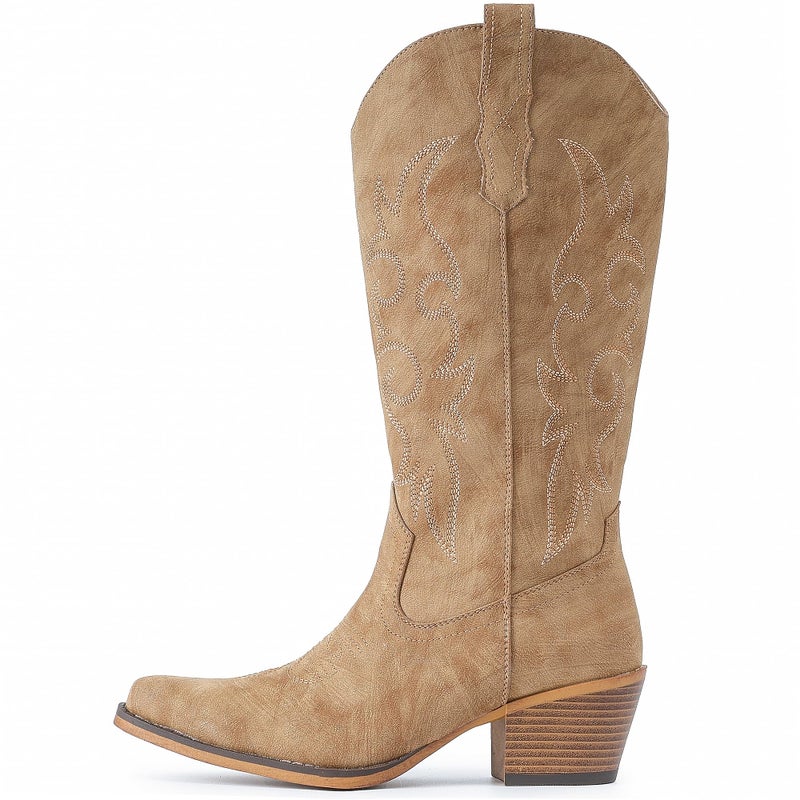 IUV Cowboy Boots For Women Western Cowgirl Boots Mid Calf Snip Toe Boot With Chunky Heel - Image 4