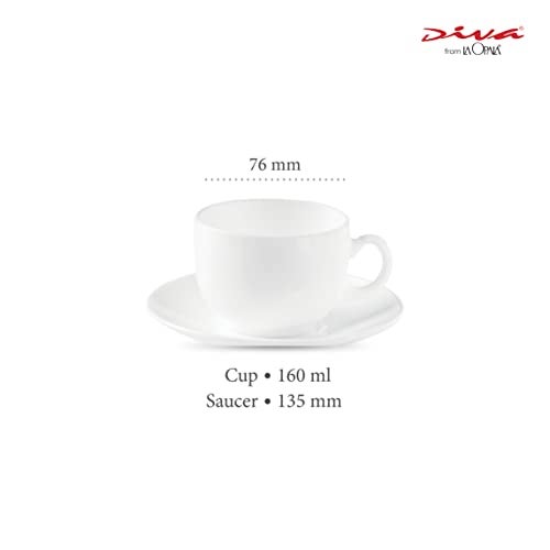 La Opala Diva, Opal Glass Crockery | Cup & Saucer Iris Regular, Set of 12 | Plain White, 160 ml | for Tea & Coffee | Microwave Safe | 100% Vegetarian | Extra Strong | Super Light | Super White - Image 2