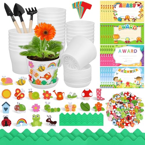 Elcoho 24 Packs Garden Plastic Pot Craft Kit Plant Spring Craft Kits for Kids Flower Pots with 150 Foam Stickers 36 Labels 24 Certificate of Awards 3 Tools Planting Growing Kit for Kids - Image 1